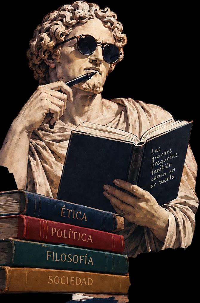 Estatua clásica de un pensador con gafas de sol, una pluma y un libro abierto, sobre una pila de libros de ética, política, filosofía y sociedad